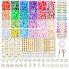 the kit includes plastic beads, scissors and other crafting supplies for making bracelets