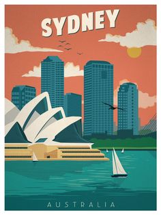 sydney australia poster with the city skyline in the background and sailboats on the water