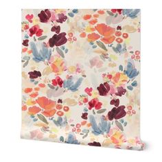 an image of a flowered wallpaper on a white background with red, yellow and blue flowers