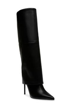 A stiletto heel and pointy toe heighten the bold glamour of a knee-high boot shaped from smooth leather. 4 1/4" heel 16" shaft; 15 1/4" calf circumference Pull-on style Leather upper/textile and synthetic lining/synthetic sole Imported Womens Fall Boots, Luxury Boots, Pretty Shoes Sneakers, Girly Shoes, Boots Knee, Boots Fall, Dream Shoes, Black Leather Boots, Boots Outfit