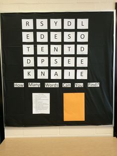 a bulletin board with words and pictures on it