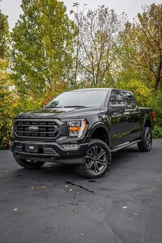 a large black truck parked in a parking lot next to lots of trees and bushes