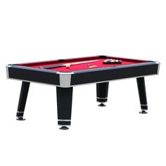 a pool table with red cloth and black legs