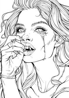 a drawing of a woman with tears on her face and hands in front of her mouth