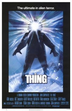 a movie poster for the thing with an image of a man standing in front of him