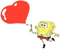 a spongebob holding a fork and spoon in front of a red heart