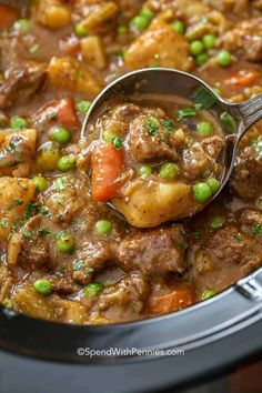 a ladle full of beef stew with potatoes and carrots in a slow cooker