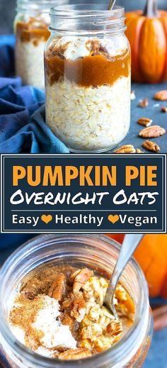 Wake up to a jar full of these healthy pumpkin overnight oats that are loaded with pumpkin puree, pie spice, maple syrup, and cashew or almond milk. This easy meal prep breakfast recipe is vegan, gluten-free, vegetarian, and can be prepped ahead for an easy grab-and-go recipe. Try this easy recipe today! Easy Meal Prep Breakfast, Pumpkin Pie Overnight Oats, Easy Oatmeal Recipes, Pumpkin Overnight Oats, Vegan Overnight Oats, Easy Oatmeal