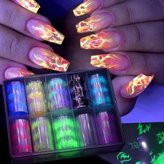 PRICES MAY VARY. 🔥【Package Content】10 rolls flame nail art transfer foil stickers set with a storage box. 1.57inchs*39.4inchs (4*100cm). Bigger size and more attractive design. 🔥【Fluorescent Neon Flame】 The foil nail wraps is designed with fluorescent neon flame pattern, glows under UV light, allow you to design your unique nails freely, so it will make your nails more dazzling and charming.(It doesn't GLOW IN THE DARK, but rather GLOW UNDER UV LIGHT. ) 🔥【Easy To Apply】： Press the foil sticke Fluorescent Nails, Flame Nail Art, Neon Nail Art, Foil Nail Art, Baby Blue Nails, Nail Foil, Easter Nail Art, Light Nails, Nail Art Stickers Decals