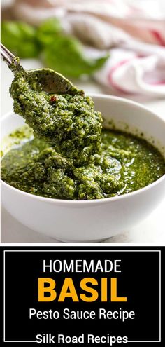 homemade basil pesto sauce recipe in a white bowl