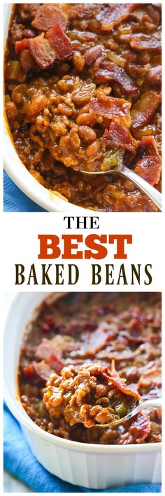 the best baked beans recipe is shown in two pictures