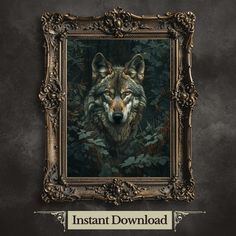 an image of a wolf in a frame with the words instant download below it