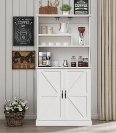 a coffee bar with white cabinets and shelves