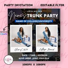 a flyer for an event featuring two photos of a woman in blue sashs and the words name trunk party