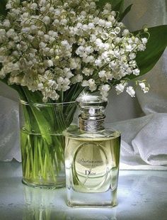 a glass vase filled with white flowers next to a bottle of dior eau