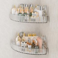 two metal shelves holding various types of beauty products