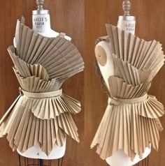 two pictures of the same dress made out of paper and wine bottles on a stand