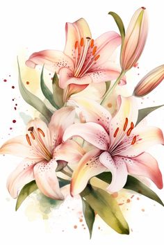 watercolor painting of pink lilies with green leaves