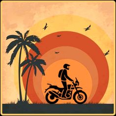 a man riding on the back of a motorcycle next to a palm tree and sunset