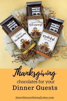 thanksgiving chocolates for your dinner guests on a plate with text overlay that reads, thanks giving chocolates for your dinner guests