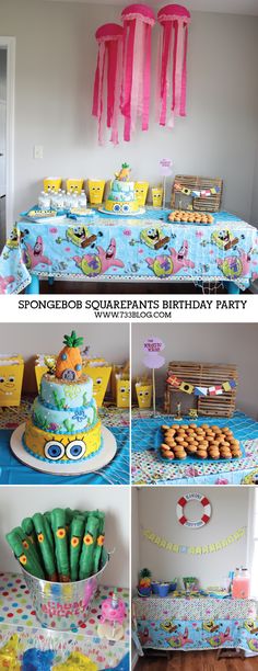 a birthday party with spongebob cake, cupcakes and other items on the table