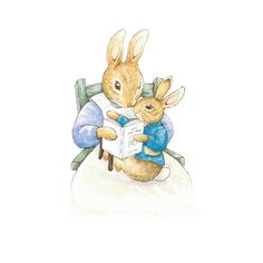 a drawing of two rabbits sitting on a chair and reading a book, with the caption