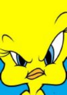 the face of a yellow bird with blue eyes and an angry look on it's face