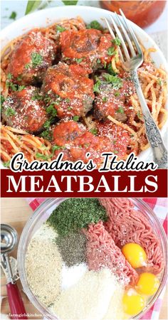 Meatballs on top of spaghetti in white bowl with fork. Easy Italian Meatballs, Spaghetti Meatball Recipes, Homemade Meatballs Recipe, Homemade Italian Meatballs, Ground Beef Meatballs, Italian Style Meatballs, Italian Meatball, Italian Meatballs Recipe, Meatball Recipes Easy