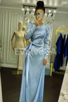 Floor Length Blue Dress, Light Blue Dress Modest, Satin Belted Midi Dress For Party, Party Satin Midi Dress With Belt, Blue Long Maxi Dress For Formal Occasions, Long Sleeve Satin Maxi Dress For Dinner, Evening Satin Belted Maxi Dress, Belted Floor-length Maxi Dress For Party, Blue Belted Maxi Dress For Party