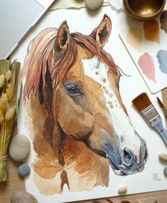 a painting of a brown horse on top of a table next to rocks and flowers