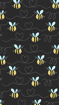 bees flying in the air with hearts and dots around them on a black background seamless pattern