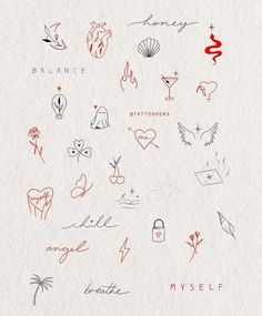 the back side of a white paper with red ink on it and many different types of tattoos