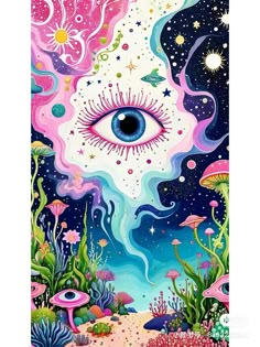 a painting of an eye in the sky surrounded by seaweed and other marine life