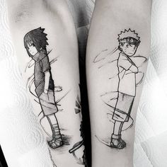 two people with tattoos on their legs