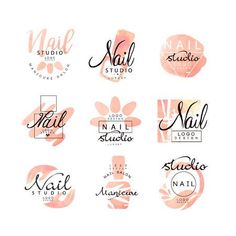 set of nail studio logos, emblems and badges with pink flowers on white background