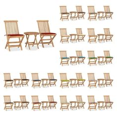 a set of eight wooden chairs with different colored seats on each one and the other side