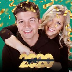 a man and woman are posing for a photo with gold confetti around them