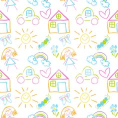 a colorful pattern with houses and rainbows on the white background, which is very similar to children's drawings