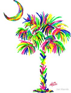 a drawing of a colorful palm tree with the moon in the sky behind it, on a white background