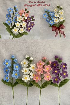 crocheted flowers arranged in different colors and sizes