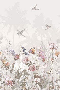 an image of flowers and birds flying in the air on a wallpapered background