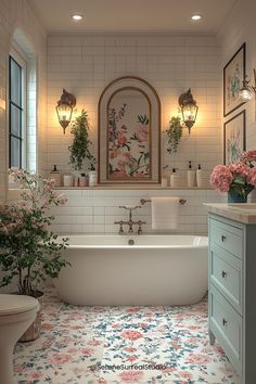 a bath room with a tub a sink and flowers