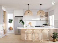 a kitchen with white cabinets and counter tops next to a bar stool that has four chairs on it