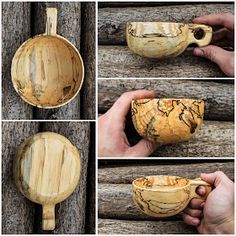 four pictures showing how to make a wooden bowl