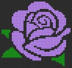 a cross stitch pattern with a purple rose in the center and green leaves around it