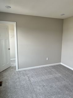 an empty room with carpeted floor and door