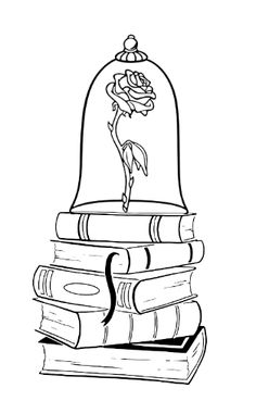 the beauty and the beast coloring page with books stacked on top of each other, in front of a bell