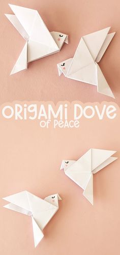 three origami doves on a pink background with the words origami dove