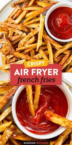 crispy air fryer french fries on a plate with ketchup and sauce