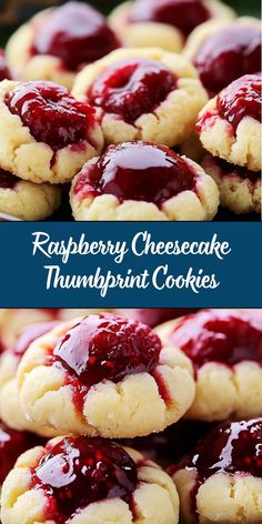 raspberry cheesecake thumbprint cookies are stacked on top of each other